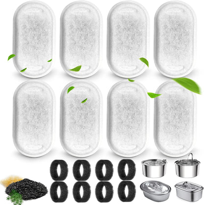 Turbah Stainless Pet Fountain Filter Replacement with 8 Filter & 8 Sponges