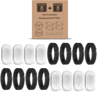 Turbah Stainless Pet Fountain Filter Replacement with 8 Filter & 8 Sponges